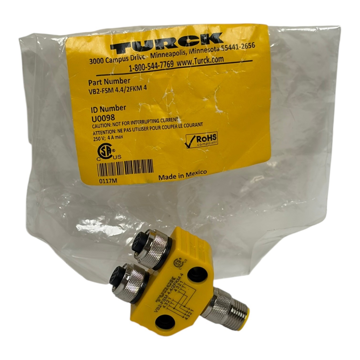 Used Turck VB2-FSM 4.4/2FKM 4 2-Way M12 Splitter Y-Piece Adapter Block New Surplus