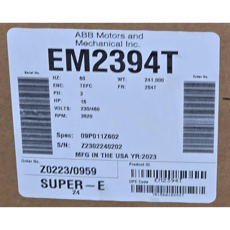 Used BALDOR ABB EM2394T SUPER-E MOTOR 15HP, 3520RPM, 3PH, 60HZ, 254T, 0930M, TEFC, F1