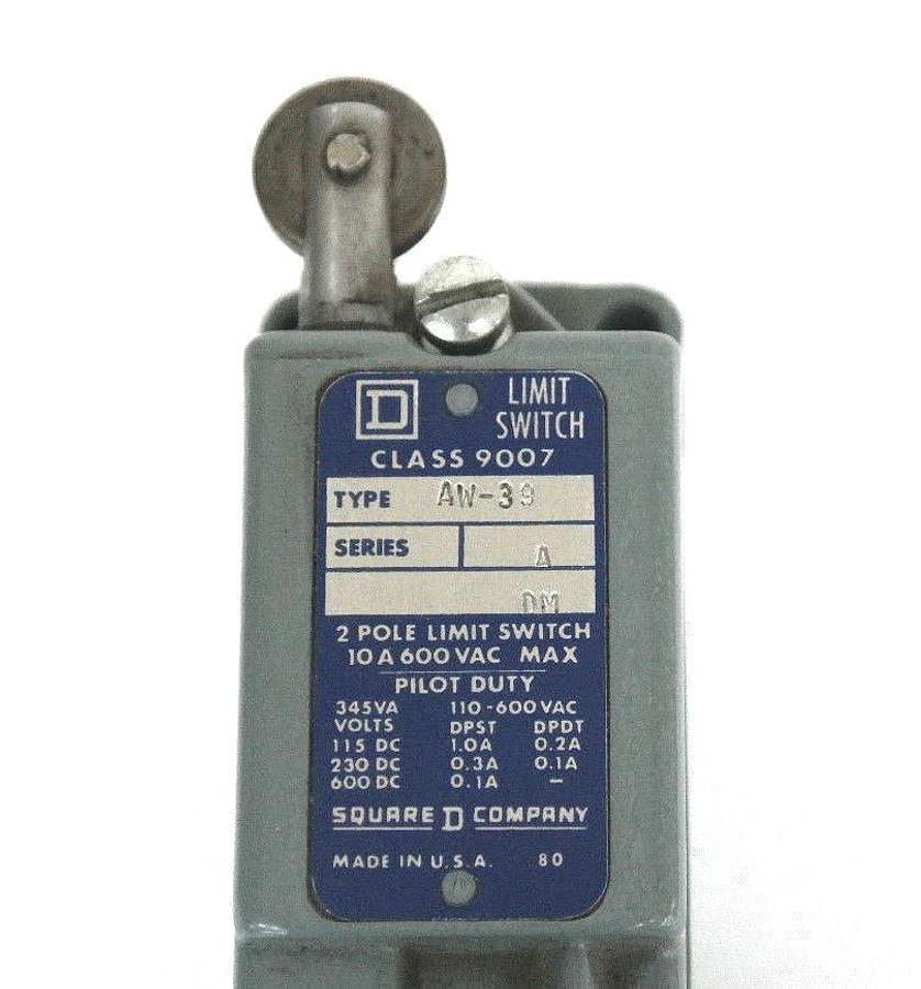 Used SQUARE D 9007-AW-39 LIMIT SWITCH SERIES A, 2 POLE, 10 A, 600 VAC 9007AW39