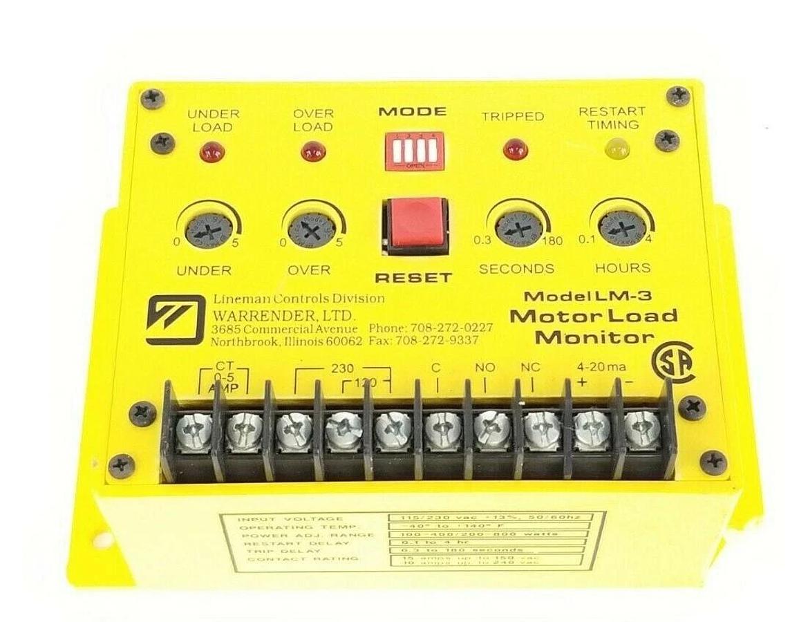 Used WARRENDER MODEL LM-3 MOTOR LOAD MONITOR LM3, 115/230 VAC
