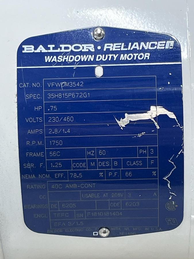 Used Baldor VFWDM3542 Washdown Motor 0.75HP 1750RPM 56C 3PH Stainless NEMA 4X