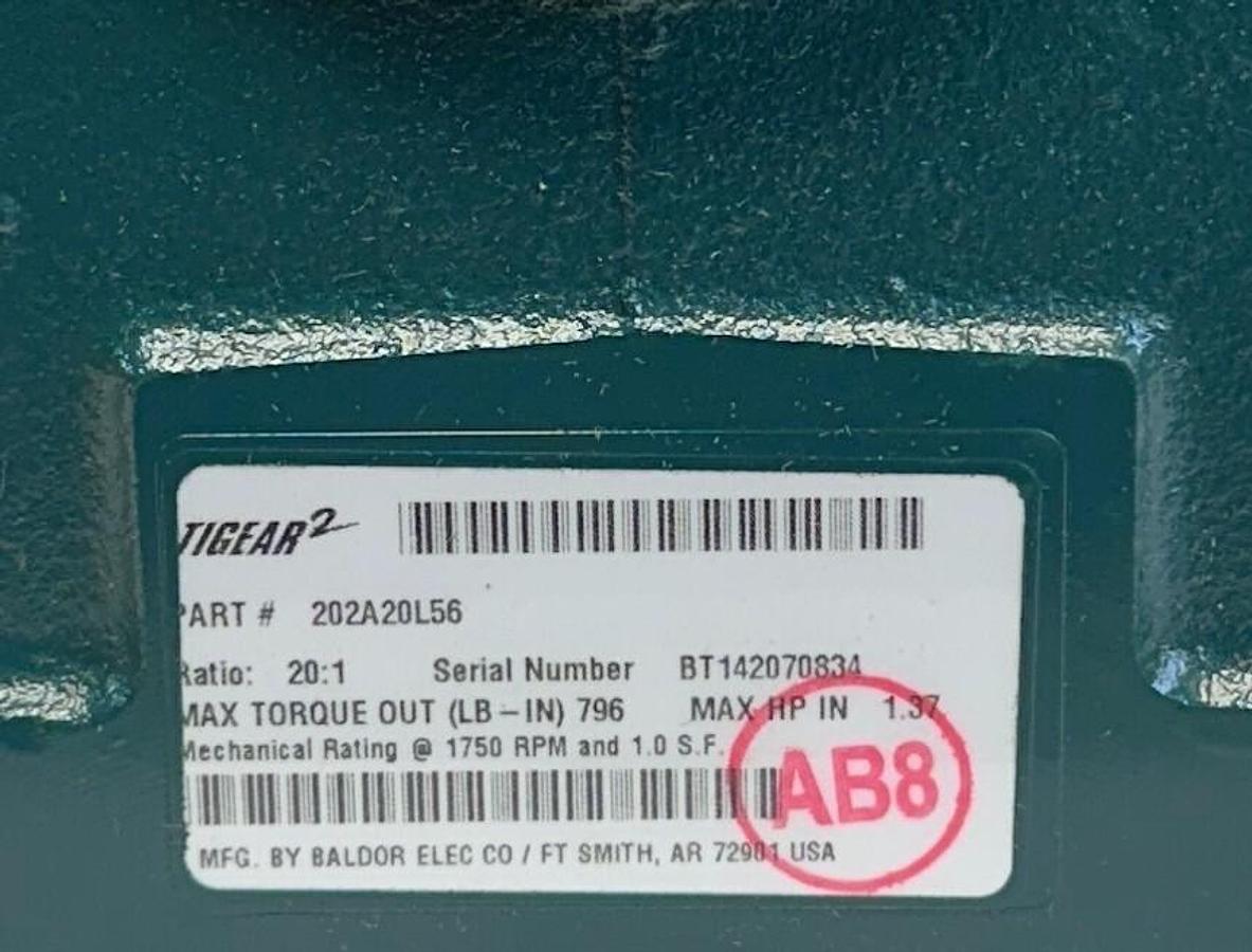 Used DODGE 202A20L56 TIGEAR-2 REDUCER-EXT O/P SHAFT LEFT 20:1 RATIO 1.37HP MAX NSMP