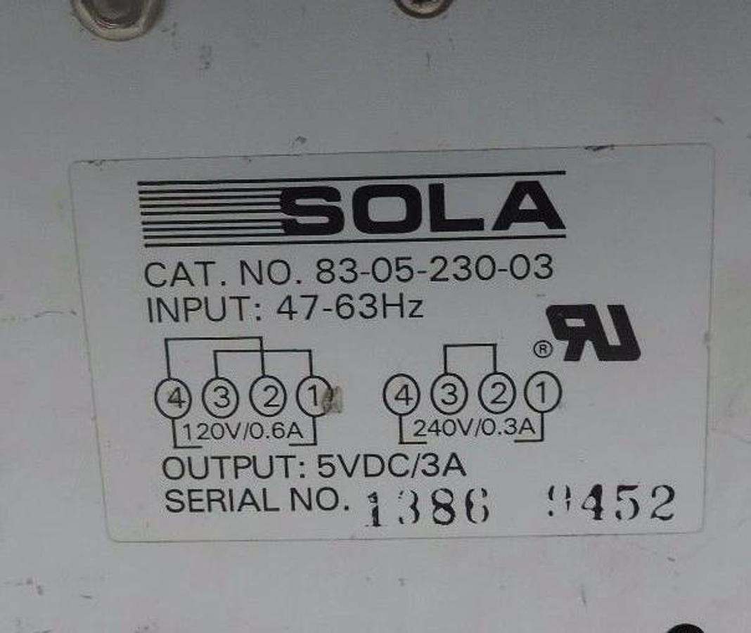 Used LOT OF 2 SOLA 83-05-230-03 POWER SUPPLY 47/63HZ, 5VDC, 3A, 830523003