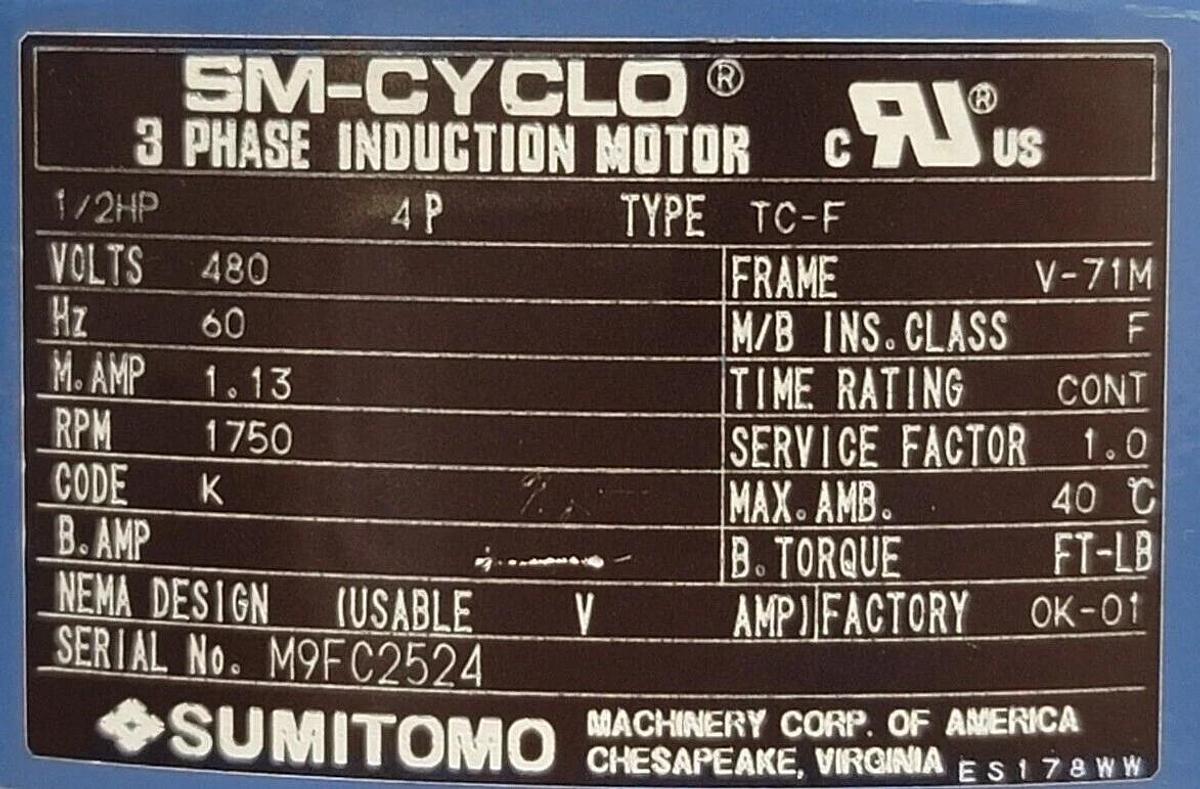 Used SUMITOMO RNYMS05-1320A-60 SM-HYPONIC GEARMOTOR TC-F SM-CYCLO 1/2HP 480V