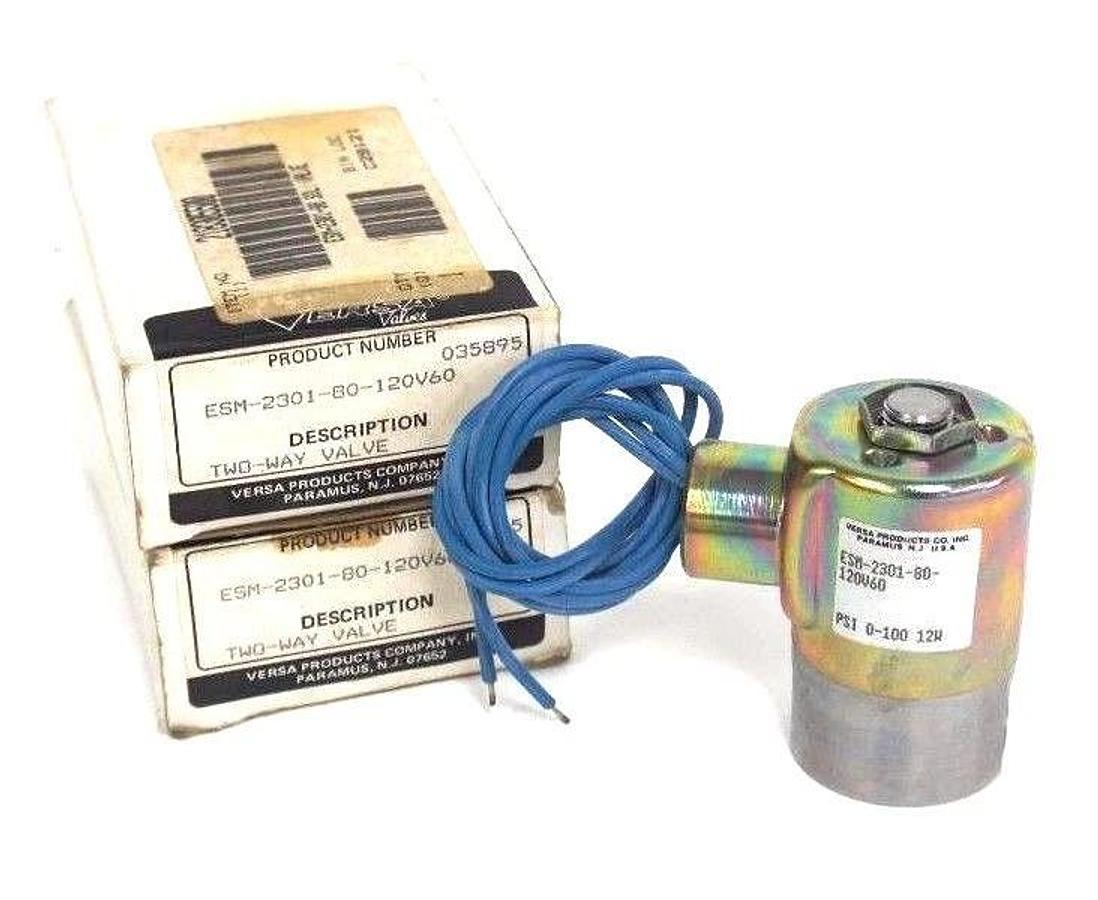 Used LOT OF 2 NIB VERSA ESM-2301-80-120V60 SOLENOID VALVES 0-100 PSI, 12W