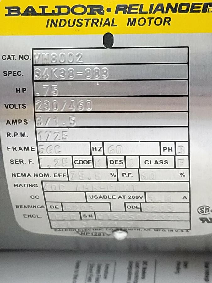 Used NEW BALDOR VM8002 MOTOR .75HP 1725RPM 3PH 60HZ 56C SPEC: 34K38-883