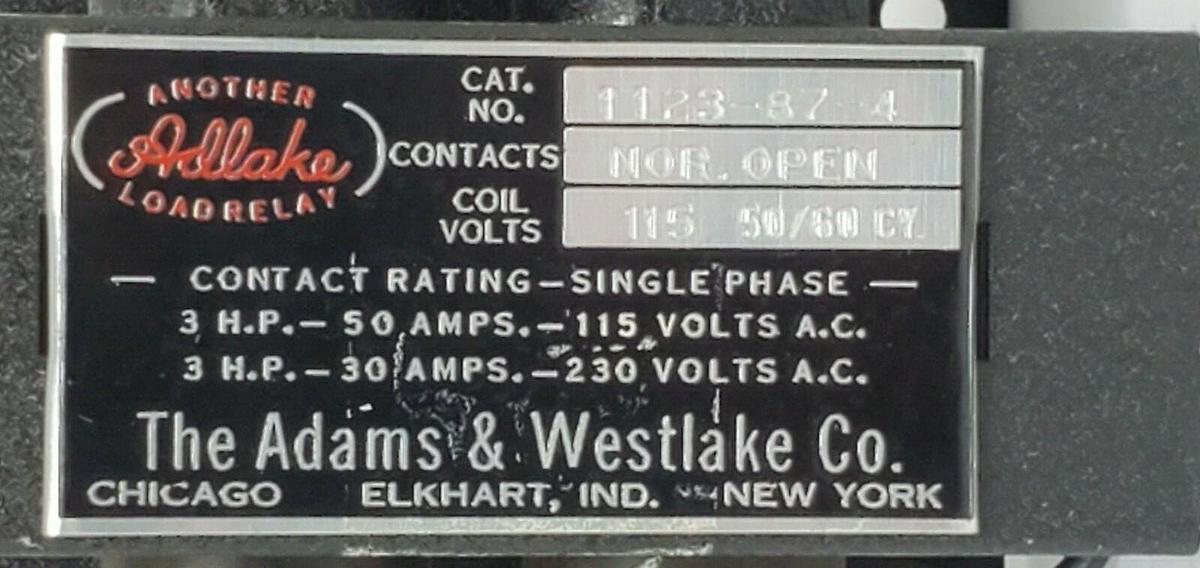 Used ADLAKE 1123-87-4 RELAY NOR. OPEN 115V 50/60HZ, 1123874