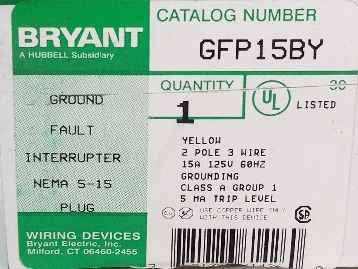 Used BOX OF 10 NEW BRYANT GFP15BY GROUND FAULT INTERRUPTER YELLOW 2P, 15A, 125V PLUGS