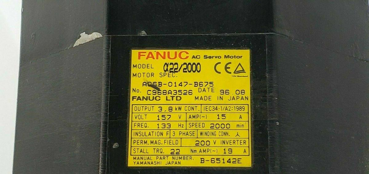 Used FANUC MODEL A22/2000 AC SERVO MOTOR A06B-0147-B675 2000RPM, 3.8KW, 157V, 15A