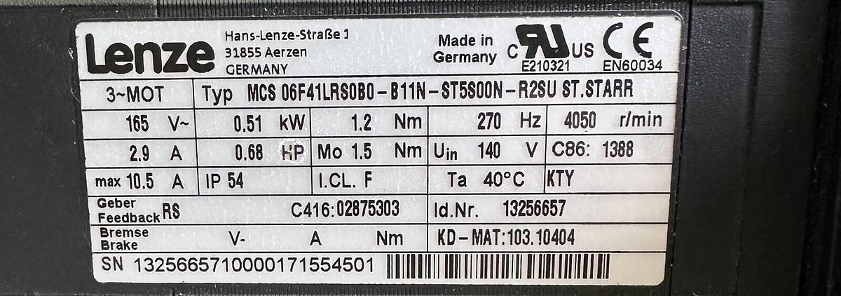 Used NEW LENZE MCS 06F41LRS0B0-B11N-ST5S00N-R2SU SERVO MOTOR .51kW/.68HP 13256657