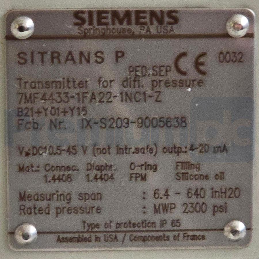 Used Siemens 7MF4433-1FA22-1NC1-Z B21+Y01+Y15 SITRANS P DS III Pressure Transmitter