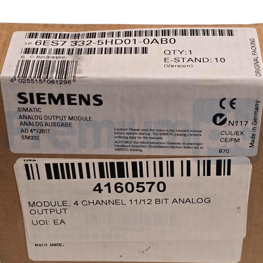 Siemens 6ES7332-5HD01-0AB0 SIMATIC S7-300 Analog Output SM 332 4 AO 12-Bit NSFS
