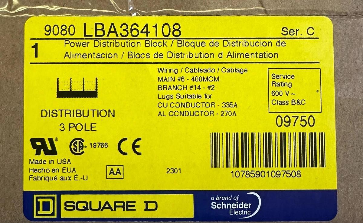 Used NEW SQUARE D 9080-LBA364108 / 9080LBA364108 POWER DISTRIBUTION BLOCK SER. C 600V