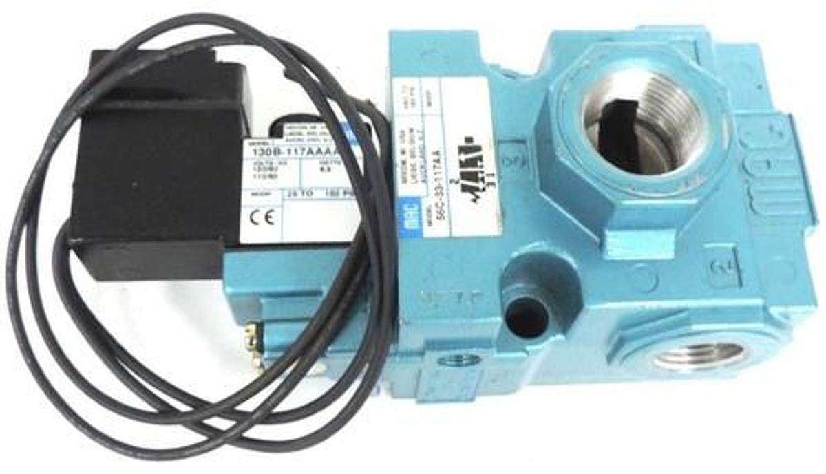 Used MAC 56C-33-117AA VALVE 120VAC 150PSI W/ SOLENOID 130B-117AAAA, 6.8W 25-150PSI