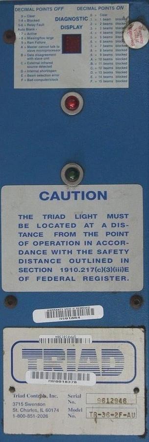 Refurbished REPAIRED TRIAD CONTROLS TR-36-2F-AU 36" 24VDC LIGHT CURTAIN RECEIVER