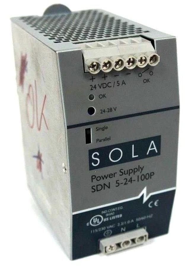 Used SOLA ELECTRIC SDN 5-24-100P POWER SUPPLY 24VDC/5A 115/230VAC SDN524100P