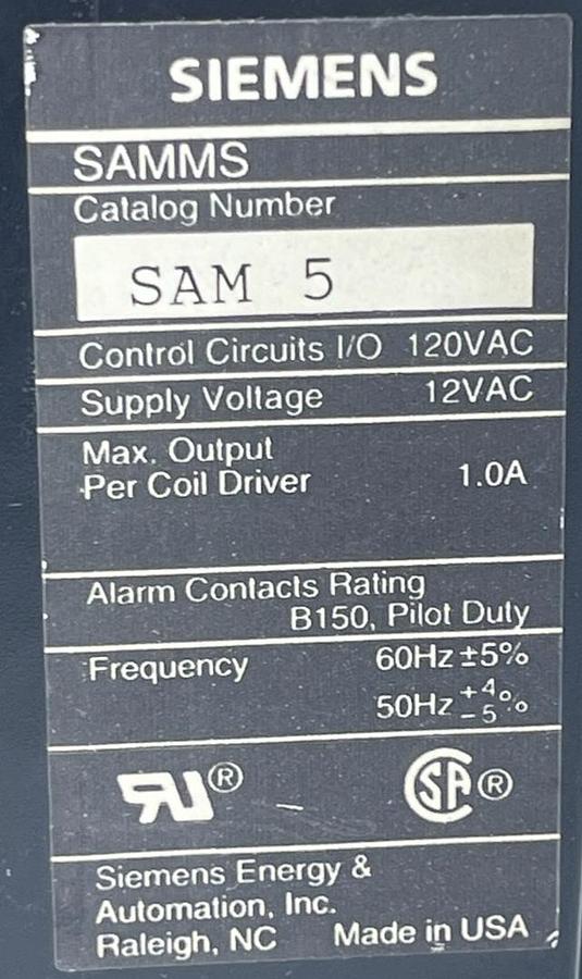 Used Siemens SAMMS-LVX SAM 5 Module Motor Master System I/O Control 120VAC