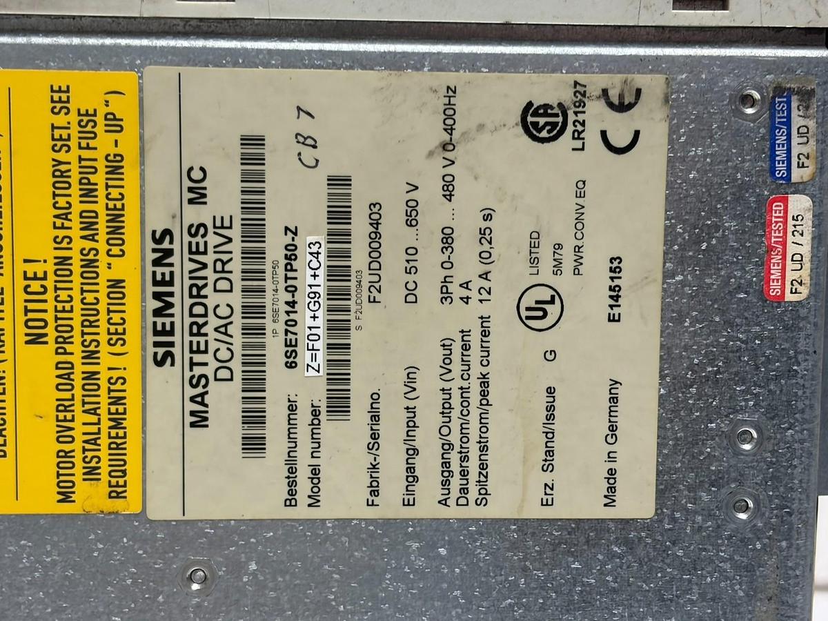Used Siemens 6SE7014-0TP50-Z Masterdrives MC DC/AC Drive 4A Inverter
