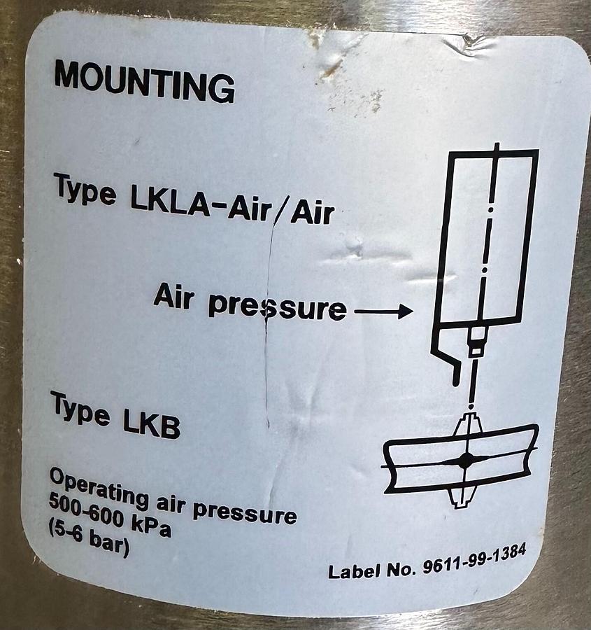 Used ALFA LAVAL LKLA -AIR/AIR / LKLA AA PNEUMATIC ACTUATOR 8mm TYPE LKB 500-600kPa