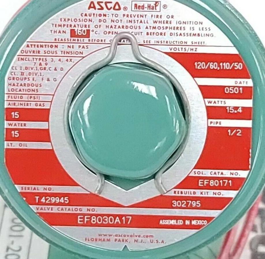 Used ASCO EF8030A17 SOLENOID VALVE 120/60, 110/50 PIPE: 1/2'' WATTS: 15.4 (IN BOX)