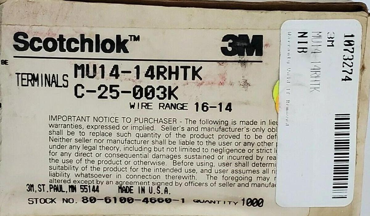 Used BOX OF 1000 NEW 3M SCOTCHLOK MU14-14RHTK TONGUE TERMINALS C-25-003K