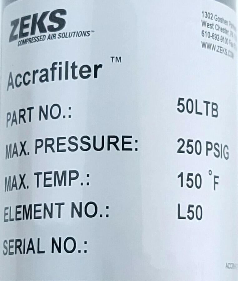 NEW ZEKS 50LTB ACCRAFILTER PRESSURE REGULATOR 250 PSIG ELEMENT NO. L50