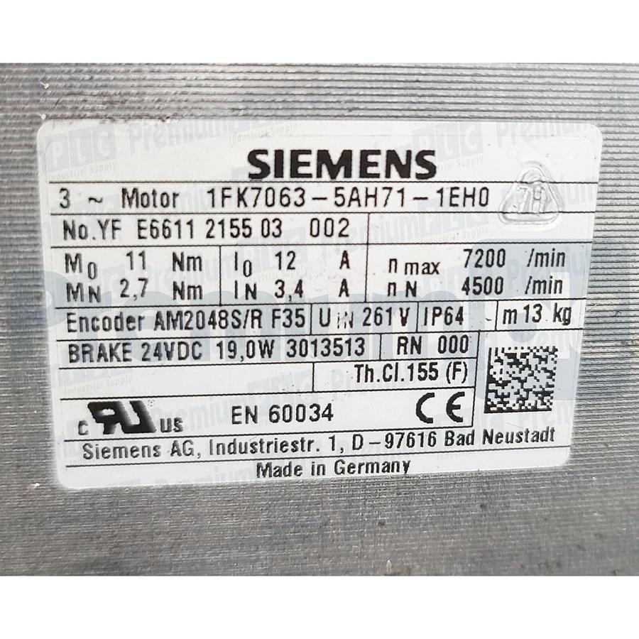 SIEMENS 1FK7063-5AH71-1EH0 SIMOTICS S SERVO MOTOR 1.41kW w/HOLDING BRAKE NSNP