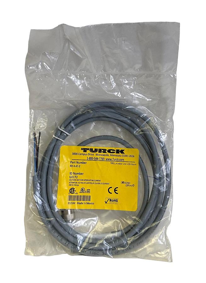 Used NEW TURCK RK 4T-2 / RK4T2 EURO SINGLE-ENDED M12 CORDSET 2M U2151