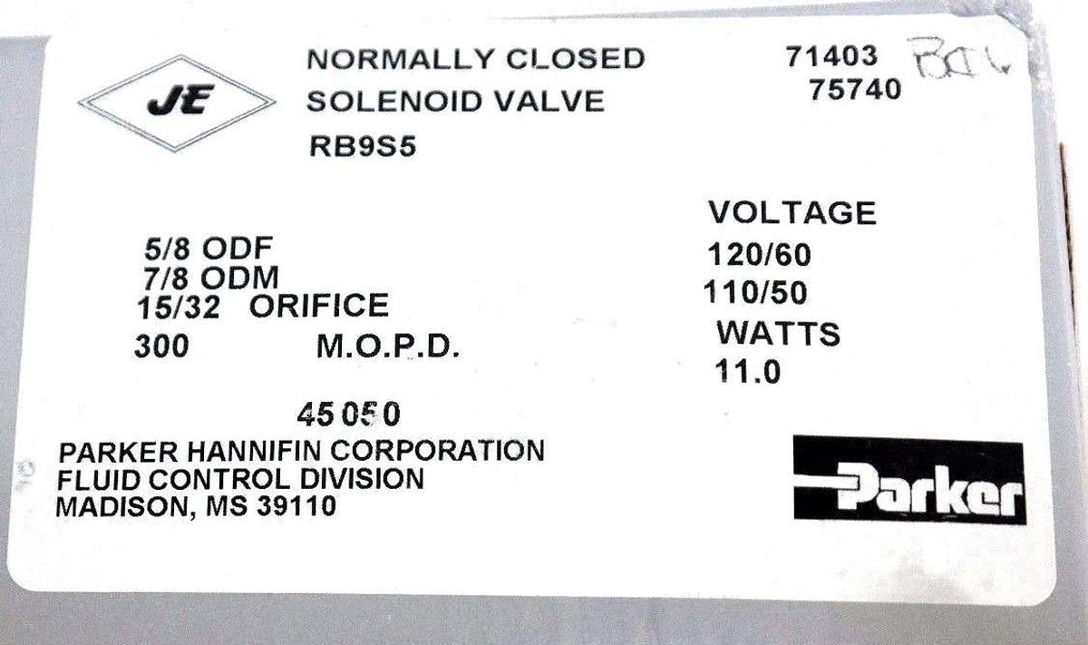 NIB PARKER RB9S5 GENERAL PURPOSE VALVE COIL: R-23, M.O.P.D. 300, 15/32 ORIFICE