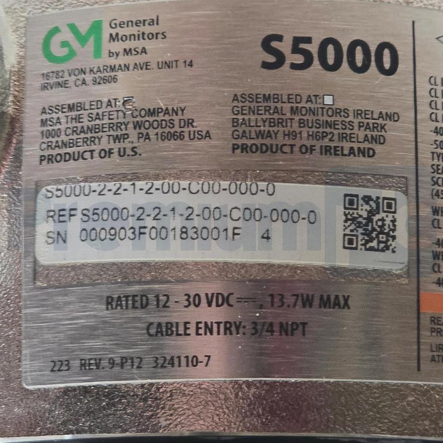 MSA General Monitors S5000-2-2-1-2-00-C00-000-0 Gas Monitor w/11159-2L Sensor