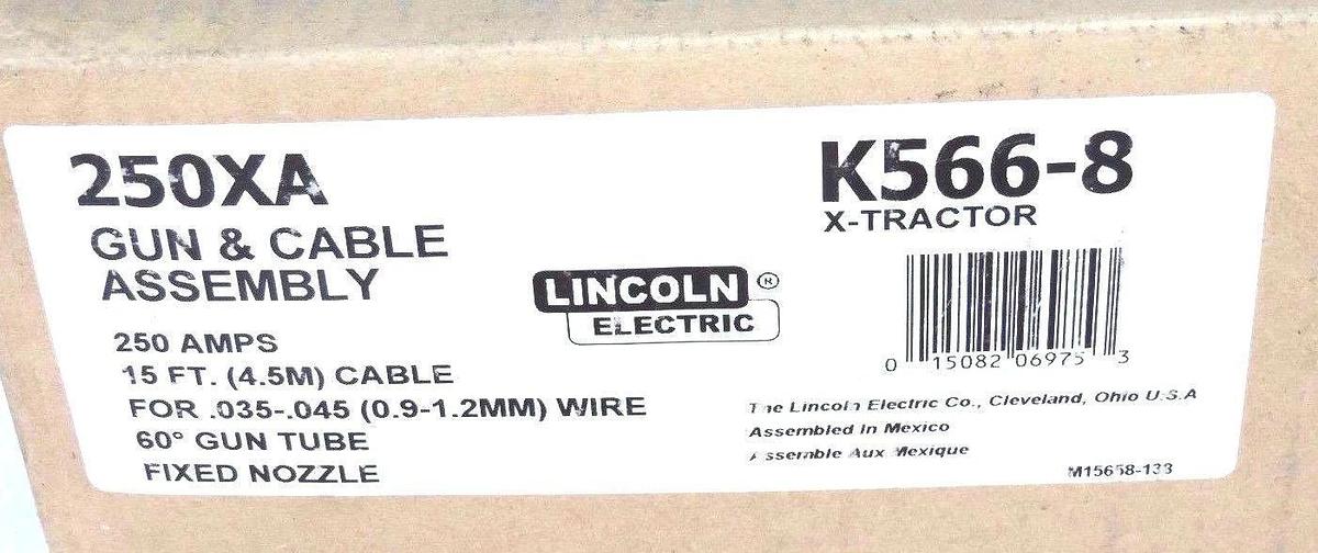 NIB LINCOLN ELECTRIC 250XA / K566-8 60° MIG GUN & 15' CABLE X-TRACTOR .035-.045