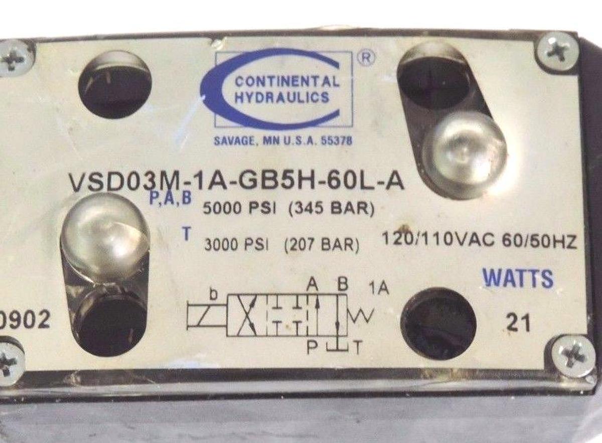 Used CONTINENTAL VSD03M-1A-GB5H-60L-A HYDRAULIC VALVE 21WATTS 110-120VAC 50/60HZ