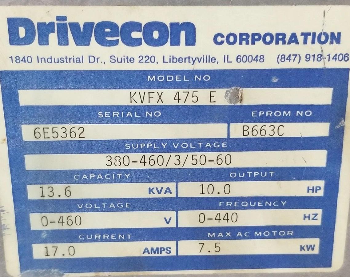 Used DRIVECON CORP. KVFX-475-E DRIVE BASE W/ HEAT SINK 380-460V/3/50-60HZ KVFX475E