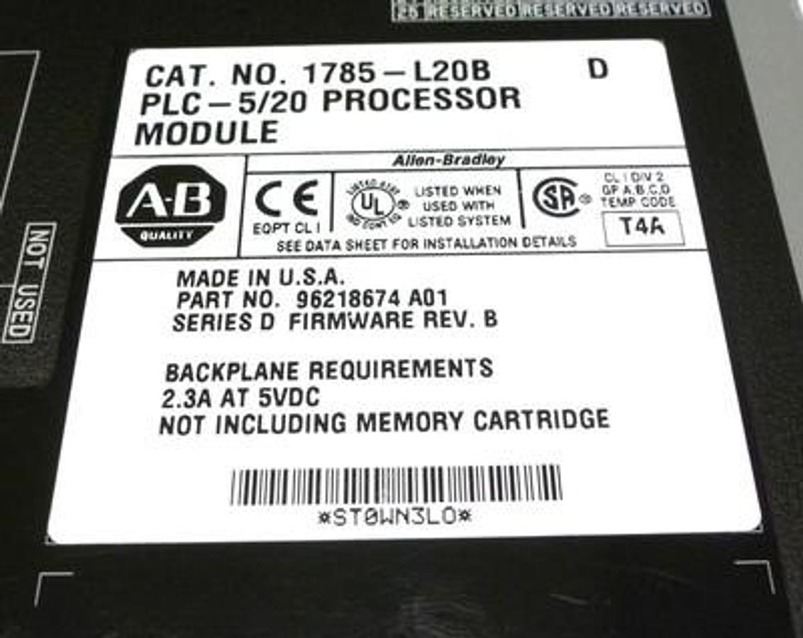 Used ALLEN BRADLEY 1785-L20B SER D PLC-5/20 PROCESSOR MODULE FIRMWARE REV. B 1785L20B