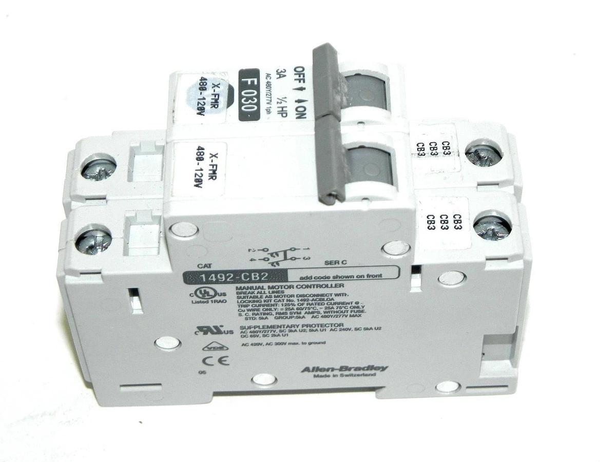 Used ALLEN BRADLEY 1492-CB-2-F-030 CIRCUIT BREAKER 3A, 1/2HP, 1492CB2F030