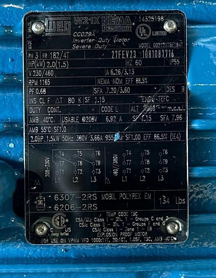 Used WEG 14325198 / 00212XT3E184T / 2HP06P182/4T EXPLOSION PROOF MOTOR 1.5kW/2HP NSMP