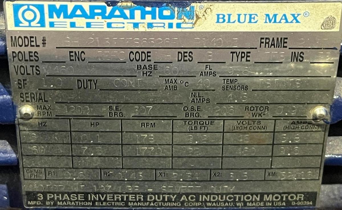 Used Marathon Electric 8H 213TTFS6526FV Blue Max 7.5HP 1000:1 Inverter Duty Motor