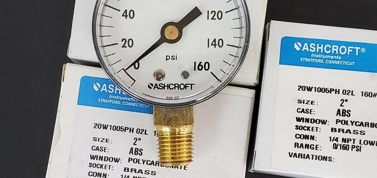 LOT OF 3 NIB ASHCROFT 20W1005PH 02L 160# PRESSURE GAUGES, 2", 0-160PSI, 1/4" NPT
