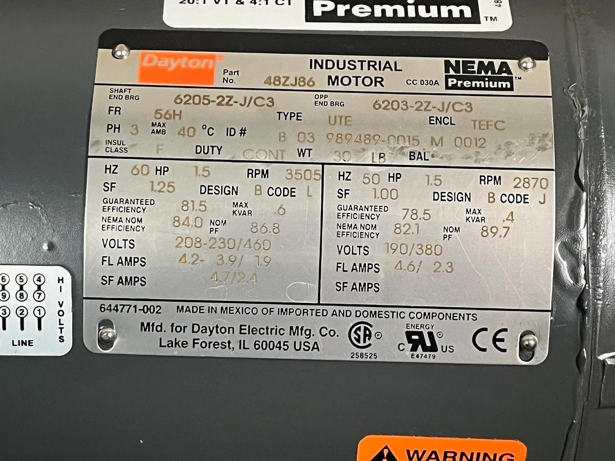 Dayton 48ZJ86 1.5 HP General Purpose Motor 3-Phase 3465 RPM | TEFC | 56H Frame