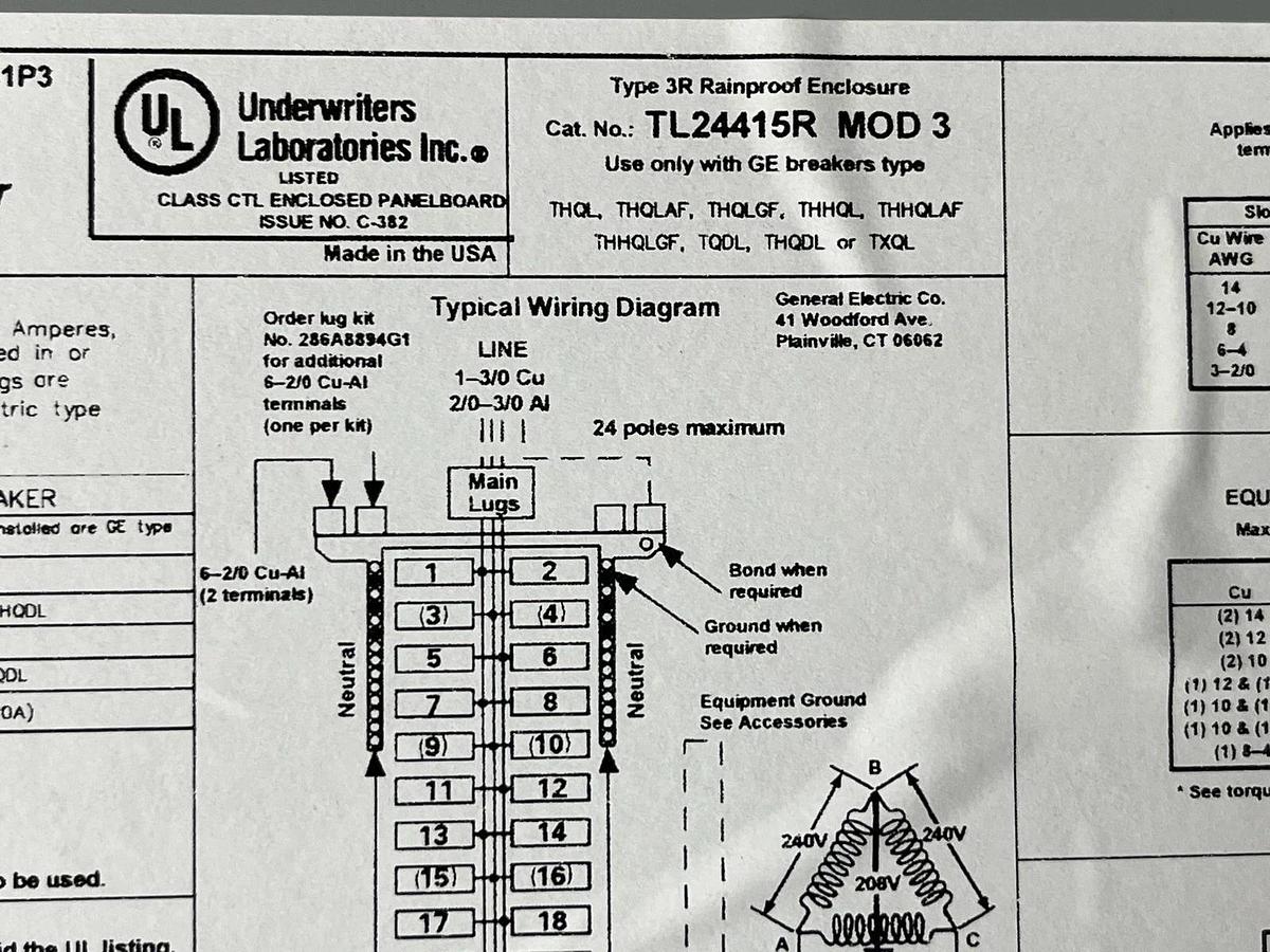 GE TL24415R MOD 3 Load Center 150A 3PH 24 Poles Type 3R Rainproof Panel New