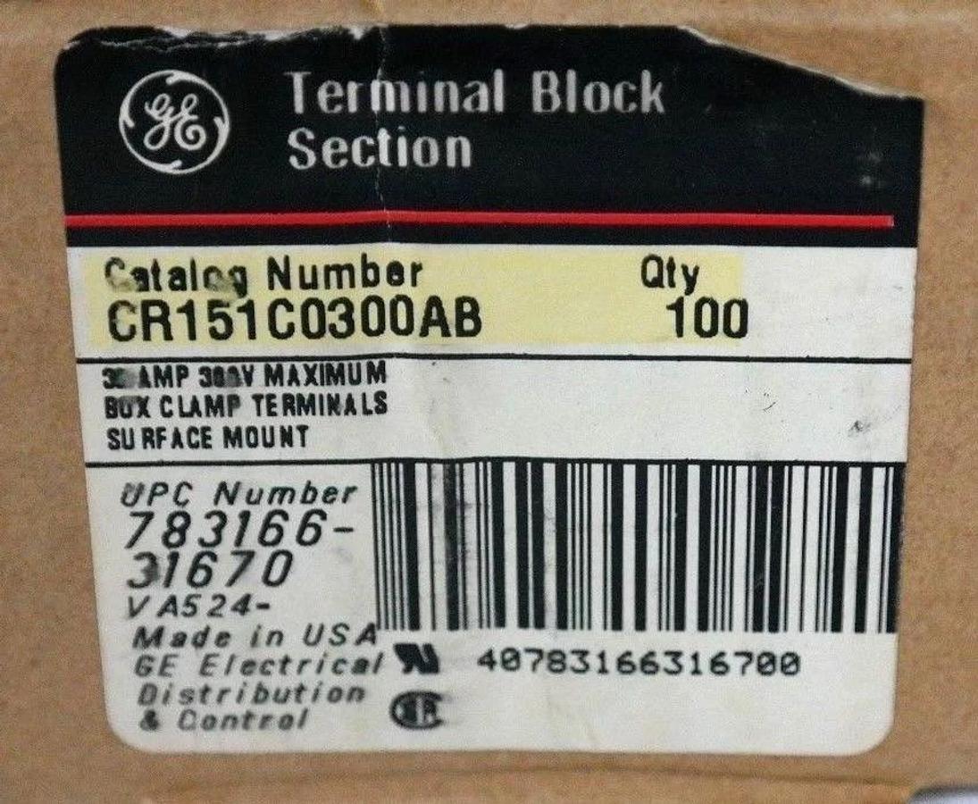Used BOX OF 100 NEW GENERAL ELECTRIC CR151C0300AB TERMINAL BLOCKS 30A, 300V