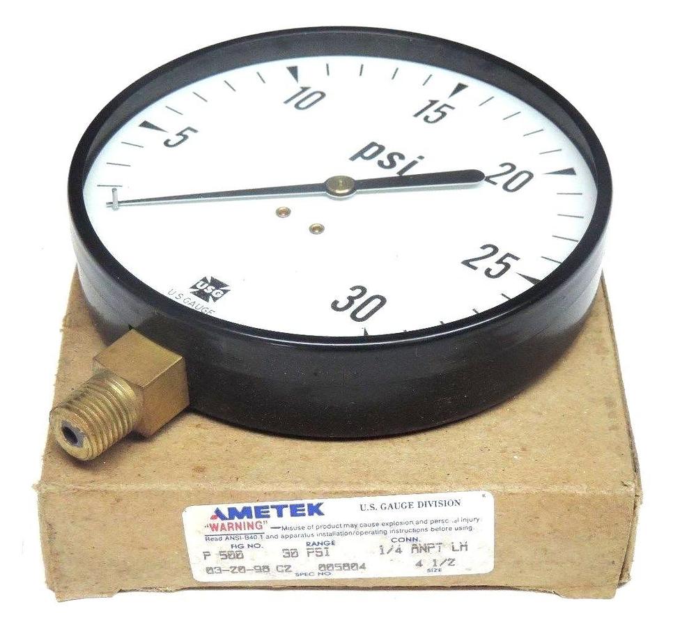 Used NIB AMETEK P-500 30PSI PRESSURE GAUGE 1/4'' ANPT LH, 4 1/2'' SIZE, 005804, P500
