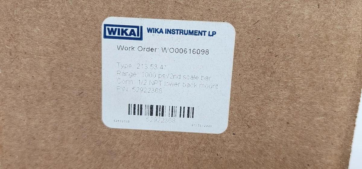 Used NIB WIKA 52922368 GAUGE 213.53.4" 1000 PSI 2ND SCALE BAR 1/2 NPT
