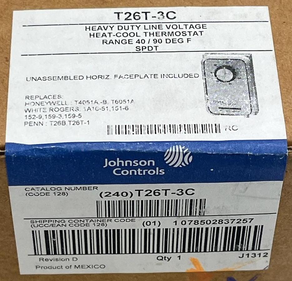 Johnson Controls T26T-3C Heavy Duty Line Voltage Thermostat 40-90°F SPDT, NSMP