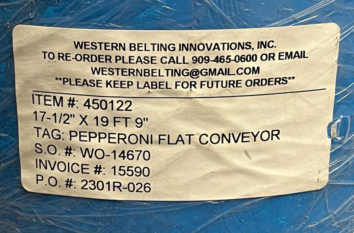 Used Western Belting 450122 FB3BLES PURclean Conveyor Belt Blue 17-1/2" x 19' 9" NEW