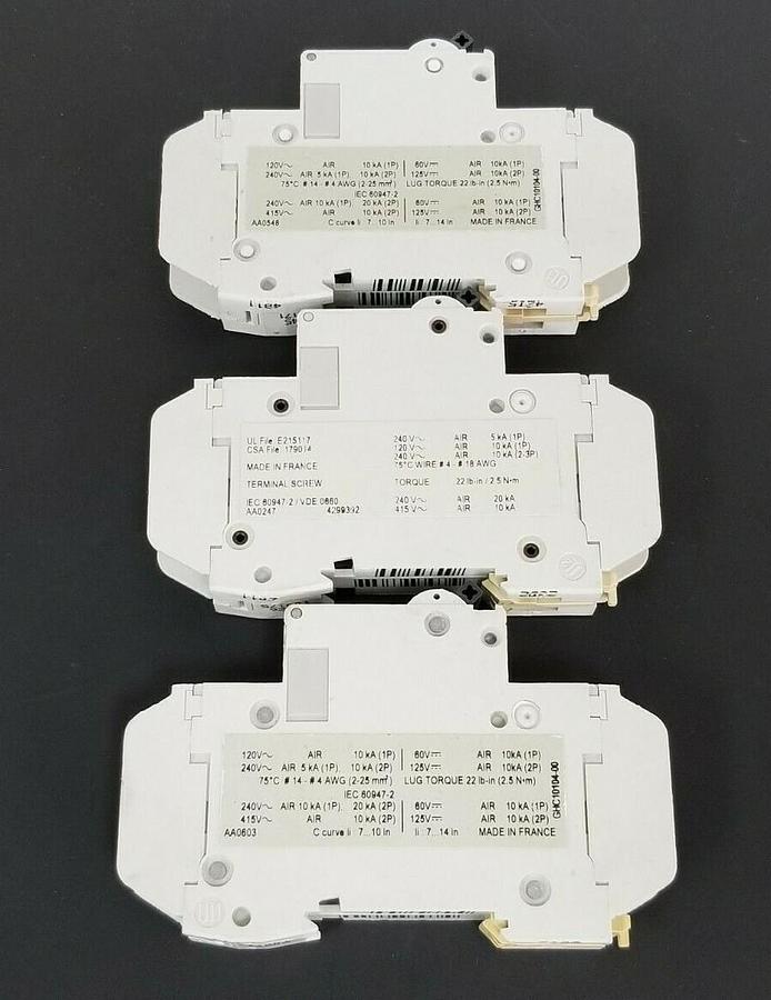 Used LOT OF 3 MERLIN GERIN CIRCUIT BREAKERS 60114 , 60110 , 60111 C60N C10A C13A