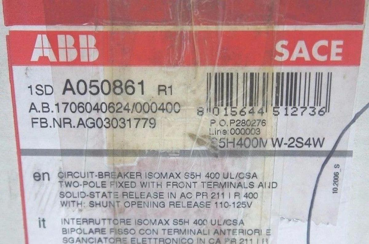 NEW ABB S5H400MW-2S4W MCP S5H 400A 2-POLE ISOMAX CIRCUIT BREAKER 1SDA050861R1