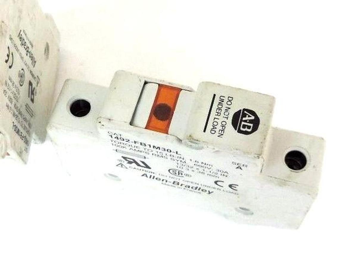 Used LOT OF 2 ALLEN BRADLEY 1492-FB1M30-L FUSE HOLDERS W/ FNM FUSES 1492FB1M30L