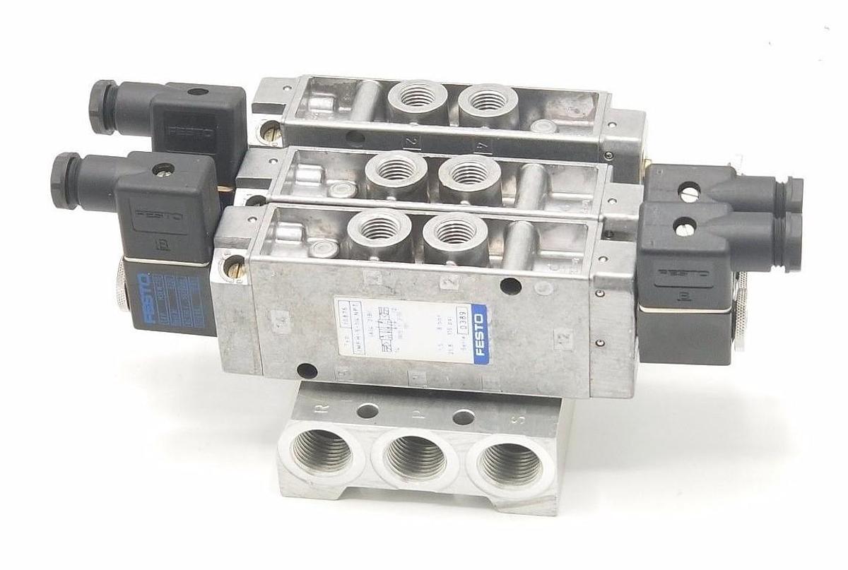 Used FESTO SOLENOID BLOCK VALVE ASSEMBLY JMFH-5-1/4-NPT, 10876, 0389 W/MSFW-110 COILS