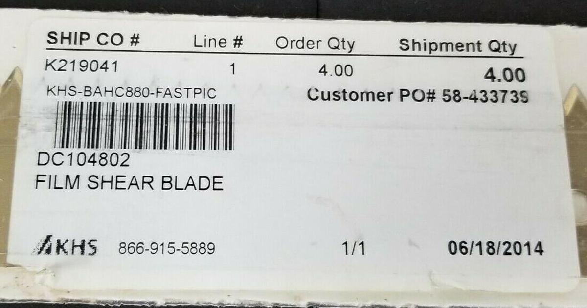 Used NEW KHS DC104802 FILM SHEAR BLADE, K219041, KHS-BAHC880-FASTPIC
